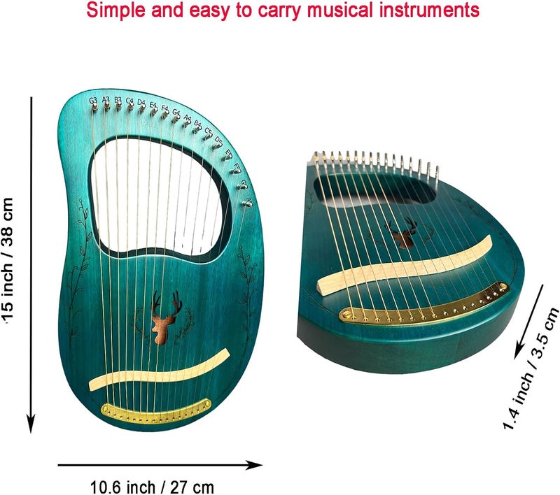 BORIYAM Lyre Harp, 16 Metal Strings,Whole Mahogany Body Made Without Splices, Easy to Carry Instrument, With Spare Strings, Bag，Picks, Tuning Lever, Music Manual(Blue) - Image 3